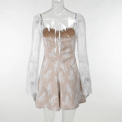 Elegant lace Mini Dress For Women Square Collar Long Sleeve Backless