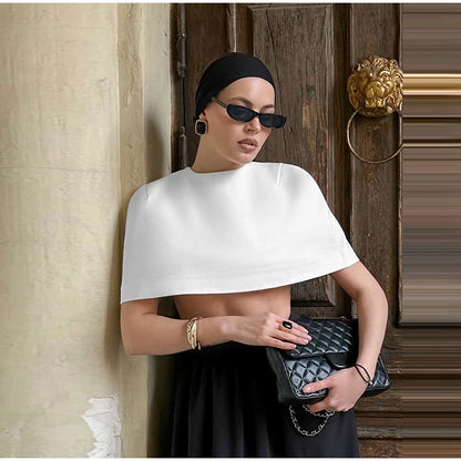 Shawl Crop Tops  Solid Shoulder Pads Stand Collar
