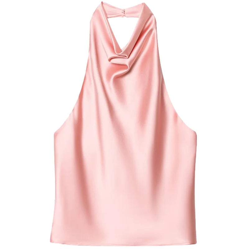 Satin Halter Sleeveless Open back Summer Top Off Shoulder