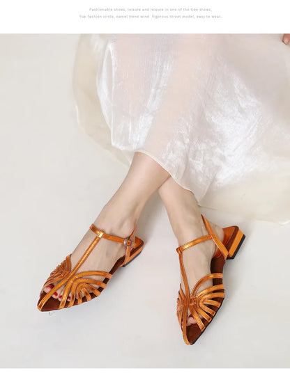 Sandals Summer Low Heel Ankle Strap Buckle Sandals Pointed Toe Hollowed Out T-strap Sandal