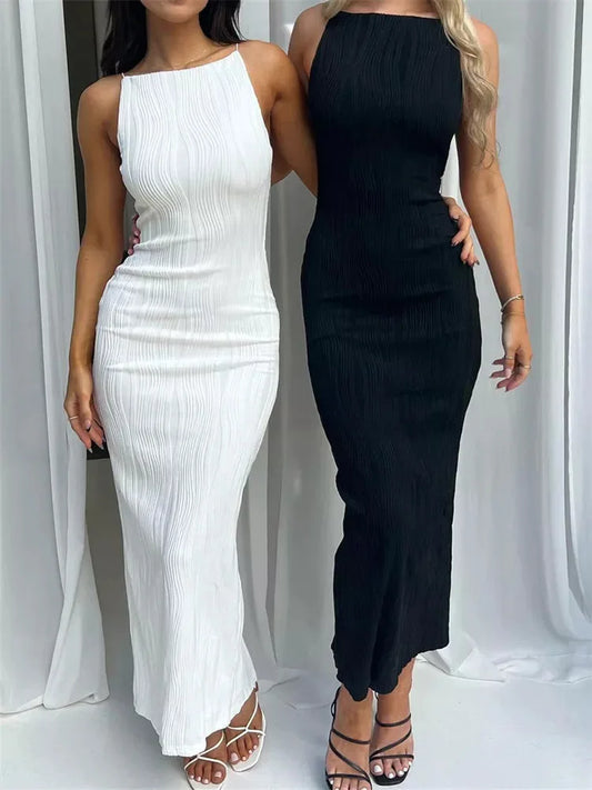 Long Ruched Sleeveless  dress - Back Split Dress