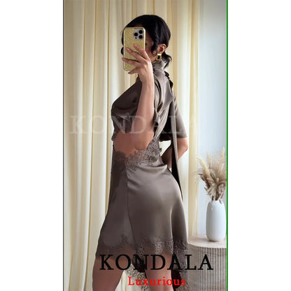 Asymmetrical Lace Trim Midi Dress with Side Slit & Matching Scarf