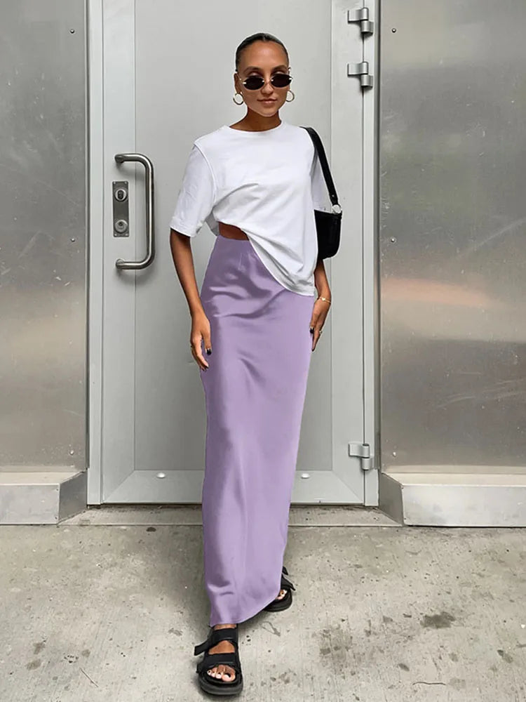 Elegant Long  Slim High Waist Satin Black Trumpet Skirts
