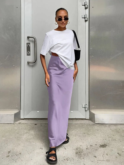 Elegant Long  Slim High Waist Satin Black Trumpet Skirts