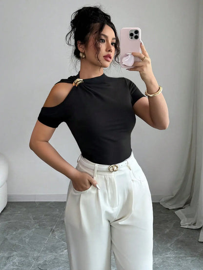 Asymmetrical Cold-Shoulder Fitted Top