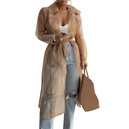 2023 Women Mesh Trench Coat Fashion See Through Jacket Summer Lace-up Sunscreen Shirt Net Yarn Long Shirt Thin Coat With Belt