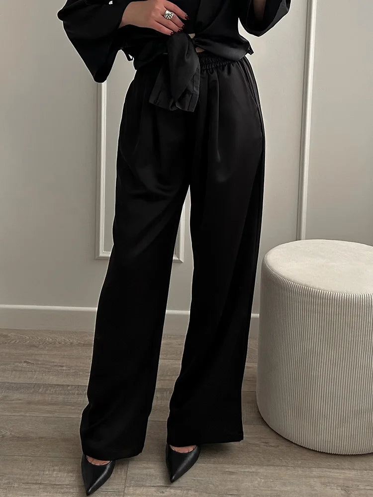 Luxury Wide Leg Baggy Satin High Waist Pants For Women Trousers With Pockets