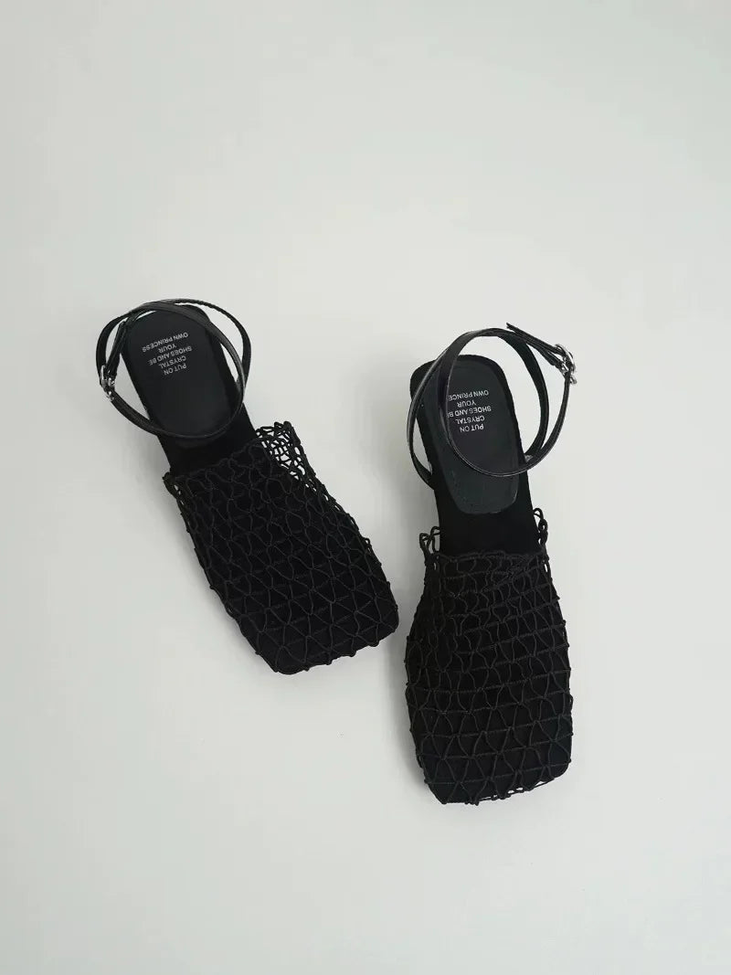 Luxury women's lace Mesh Fashion Sandals- Square Toe Shallow Narrow Strap Braided Slip-on High Heels Sandals