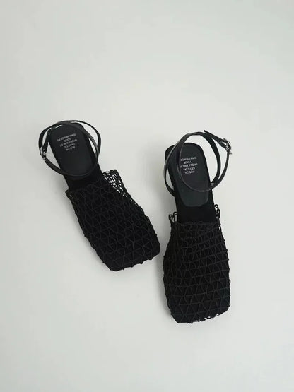 Luxury women's lace Mesh Fashion Sandals- Square Toe Shallow Narrow Strap Braided Slip-on High Heels Sandals