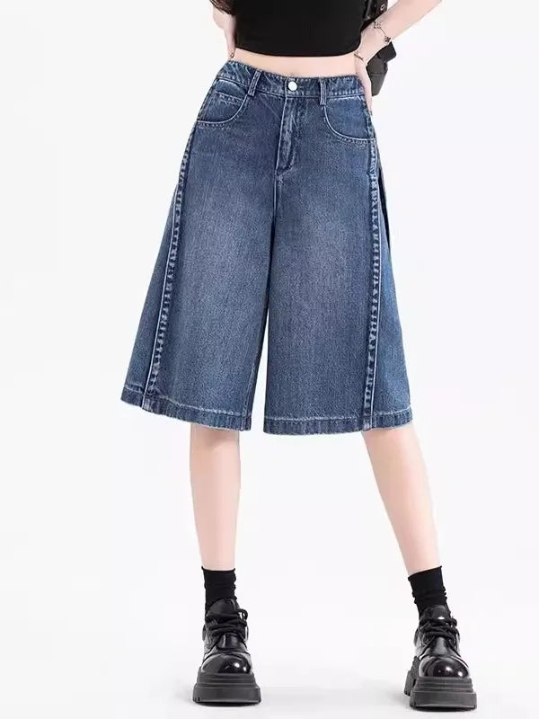 High Waist Loose Fit Thin Denim orts Women's Summer Casual Straight Leg Vintage Five-Point Pants Wide Leg Bootcut Jeans