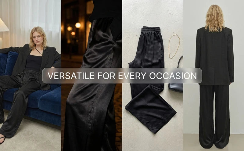 Luxury Wide Leg Baggy Satin High Waist Pants For Women Trousers With Pockets