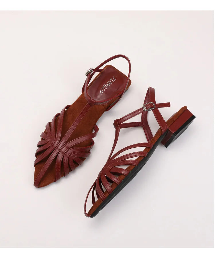 Sandals Summer Low Heel Ankle Strap Buckle Sandals Pointed Toe Hollowed Out T-strap Sandal