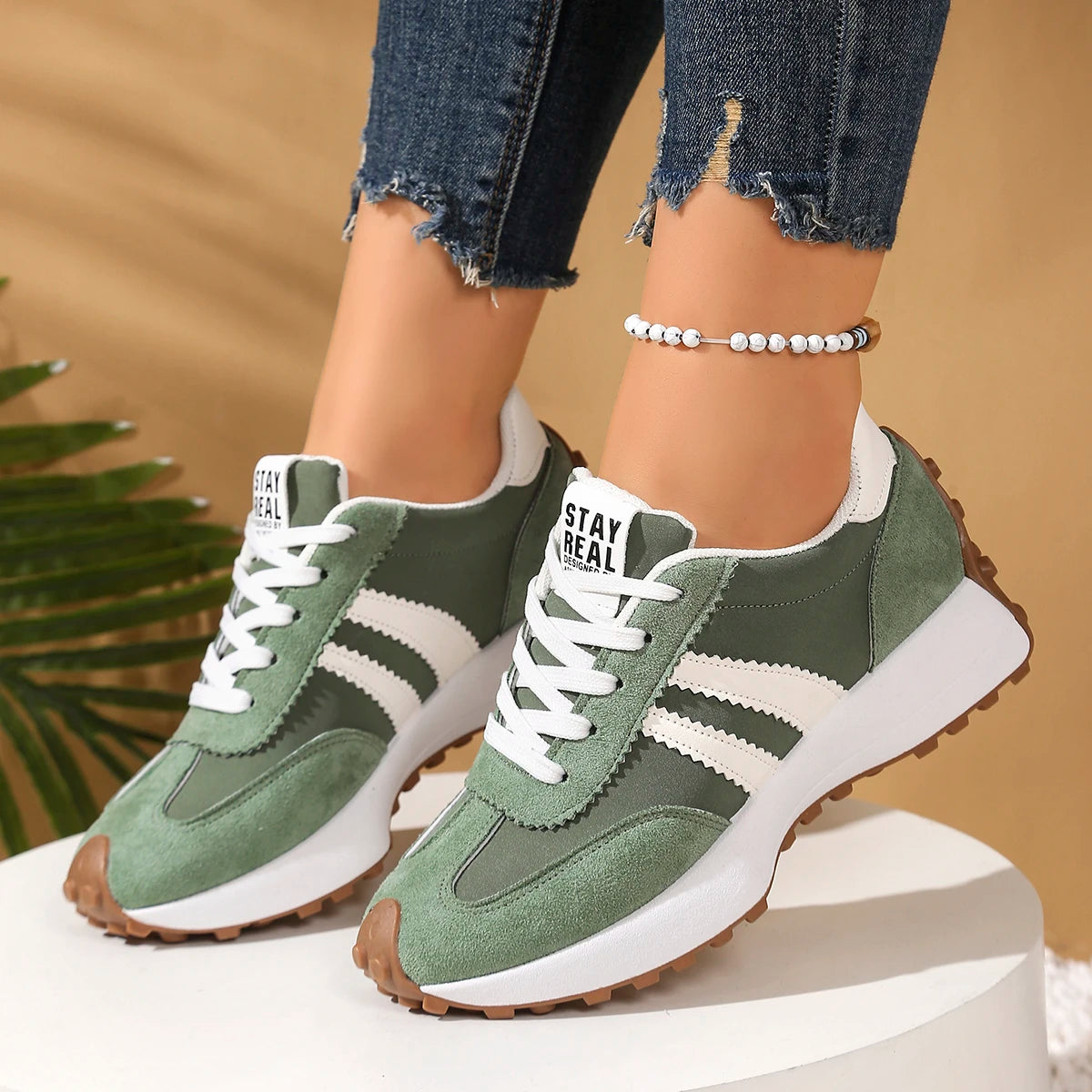 New Style Elegant Lace Up Casual Shoes Women Spring/Autumn Round Toe Thick Sole Anti Slip Comfortable Sports Shoes