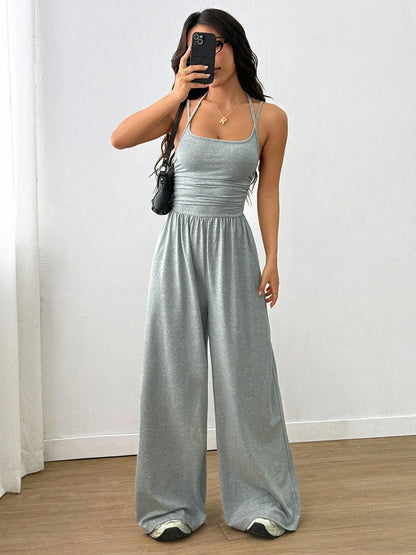 New Spring Summer Jumpsuit Solid Color Casual Simple Spring Summer Suspender Sleeveless High Waist Backless Loose Overalls