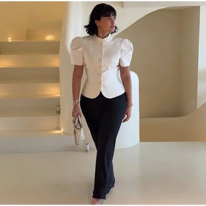 Solid Satin Round Neck Waist Cincher Shirt Slim Short Puffer Sleeved Single Breasted Tops 2026 Spring Women Elegant Blouses