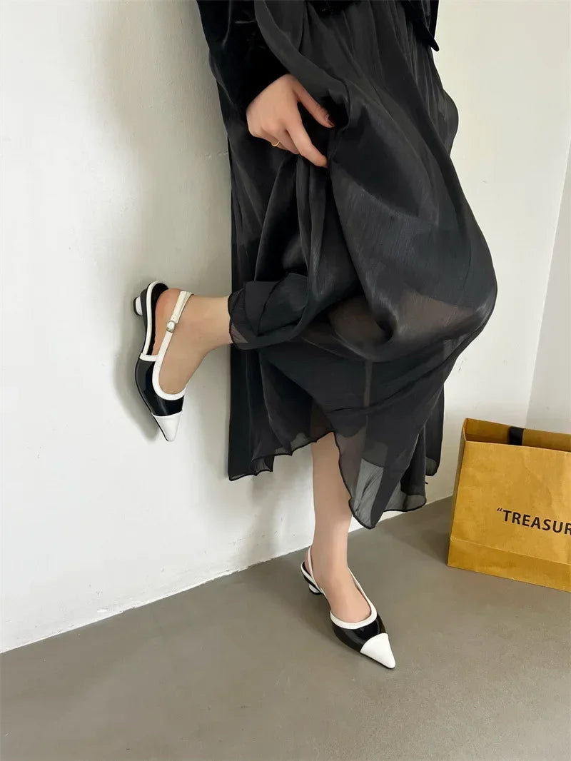 Black White Low Heeled Sandals Women Sexy Pointed Toe Slingbacks Chunky low Heels for Women Elegant Heels