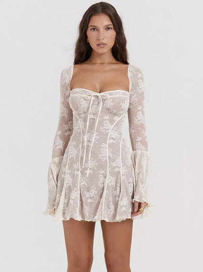Elegant lace Mini Dress For Women Square Collar Long Sleeve Backless