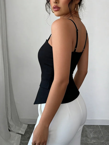 Women's Casual Tank Top Spring Summer Black Top Spaghetti Strap Sweetheart Neck Button Slim Fit Valentine's Day Elegant Sexy Top