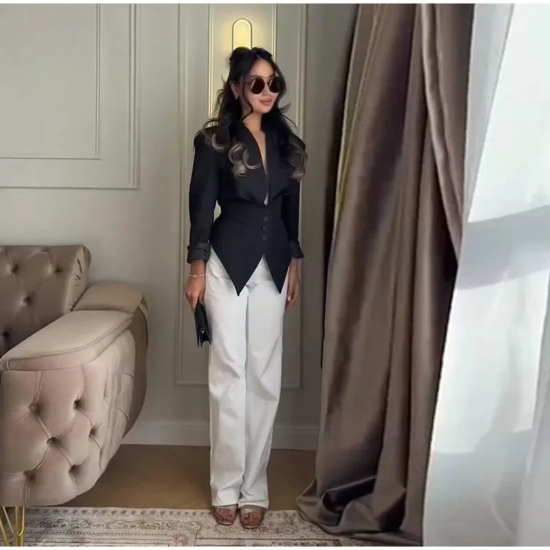 Casual Office Women's Blazer Jacket Pleated Waist Cinched Tie Up Long Sleeve Tops Elegant 2026 Spring Female Outerwear Outfit