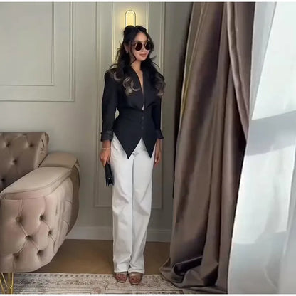 Casual Office Women's Blazer Jacket Pleated Waist Cinched Tie Up Long Sleeve Tops Elegant 2026 Spring Female Outerwear Outfit