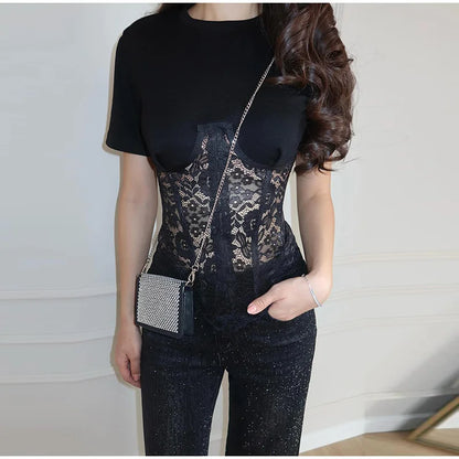 Fashion Floral Lace Fish-bone Patchwork Shirts For Women 2026 Spring New Chic Short Sleeve O-neck Blouse Lady Street Y2K Tops