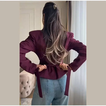 Casual Lace Up Solid Blazer Women Fashion Slim V-neck Single Breasted Full Sleeve Jacket Female 2026 Spring Lady Outwears New