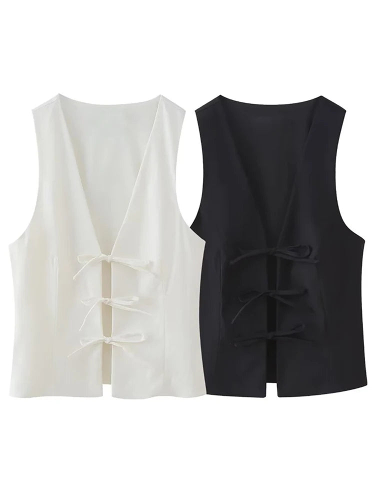 Women Fashion Lace Up Vest V Neck Sleeveless Top Y2k Vintage Solid 2025 Female Summer Sexy Party Tank Tops