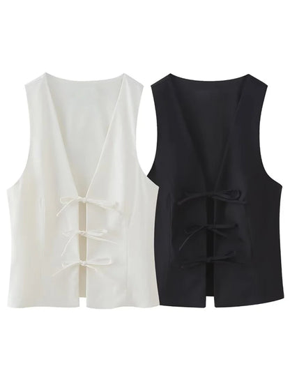 Women Fashion Lace Up Vest V Neck Sleeveless Top Y2k Vintage Solid 2025 Female Summer Sexy Party Tank Tops