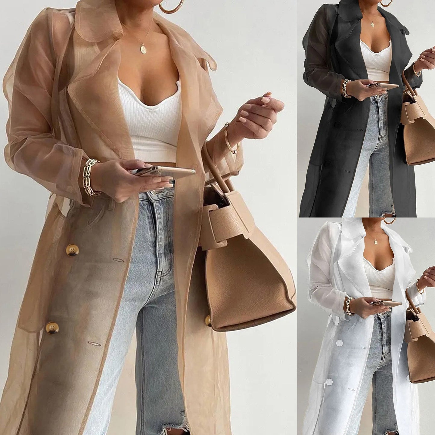Jackets For Womens Mesh Transparent Overcoat Long Sleeve Buttoned Coat With Belt Turndown Collar Light Weight Long Jackets