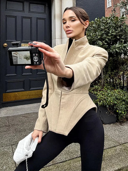 Women Pants Set Curved Hem Coat 2-Piece Sets Beige Stand Collar Jacket Hook Closure Top Wide Leg Trousers Casual Spring Outfit