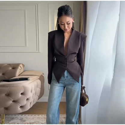 Casual Lace Up Solid Blazer Women Fashion Slim V-neck Single Breasted Full Sleeve Jacket Female 2026 Spring Lady Outwears New
