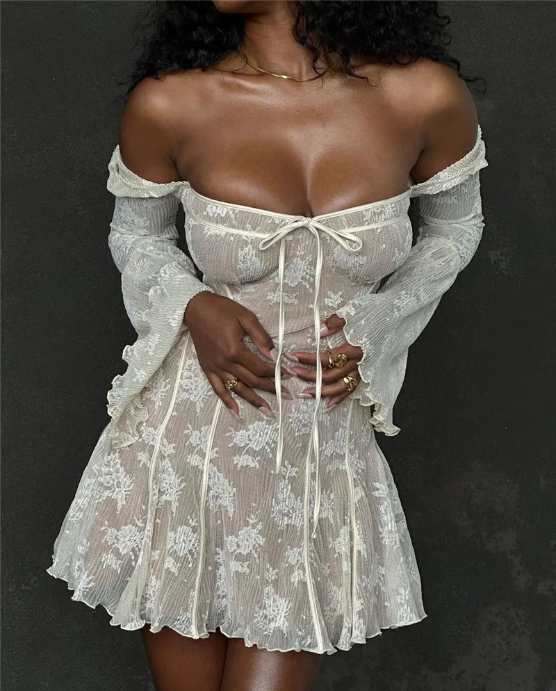 Elegant lace Mini Dress For Women Square Collar Long Sleeve Backless