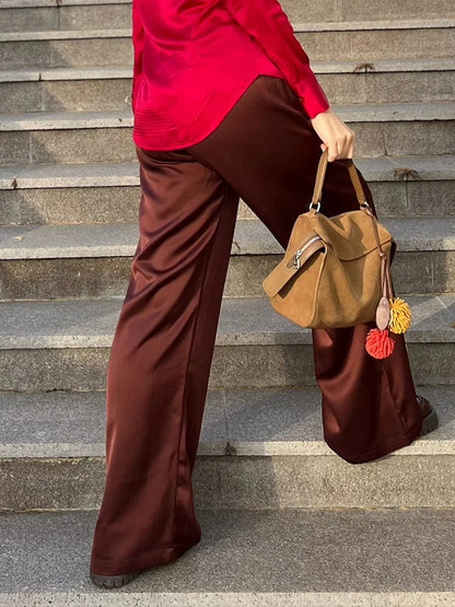 Luxury Wide Leg Baggy Satin High Waist Pants For Women Trousers With Pockets