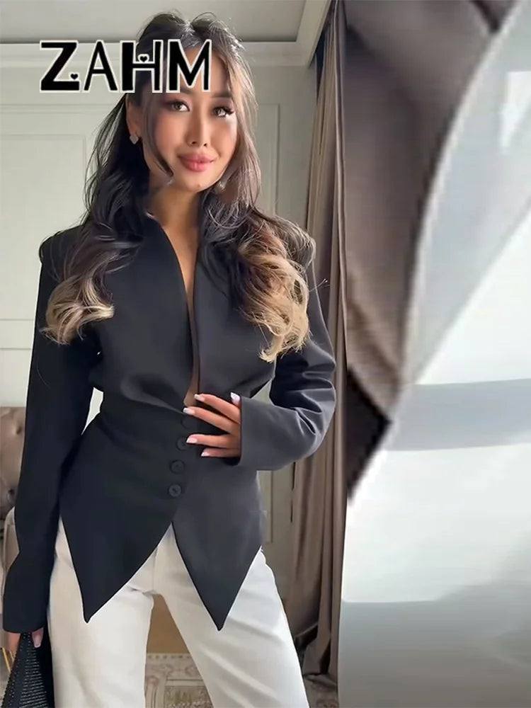 Casual Lace Up Solid Blazer Women Fashion Slim V-neck Single Breasted Full Sleeve Jacket Female 2026 Spring Lady Outwears New
