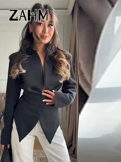 Casual Lace Up Solid Blazer Women Fashion Slim V-neck Single Breasted Full Sleeve Jacket Female 2026 Spring Lady Outwears New