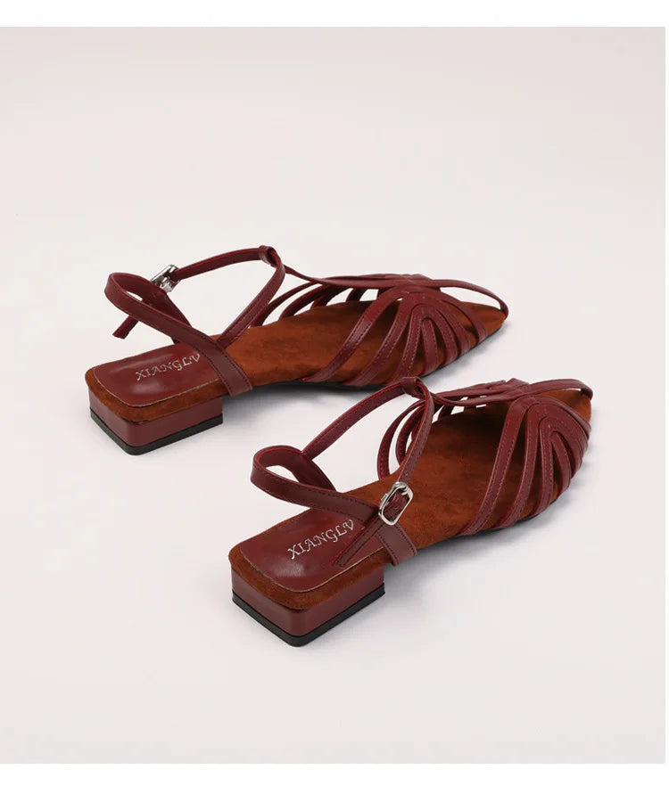 Sandals Summer Low Heel Ankle Strap Buckle Sandals Pointed Toe Hollowed Out T-strap Sandal
