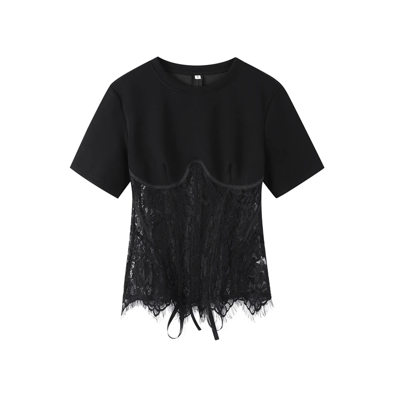 Fashion Floral Lace Fish-bone Patchwork Shirts For Women 2026 Spring New Chic Short Sleeve O-neck Blouse Lady Street Y2K Tops