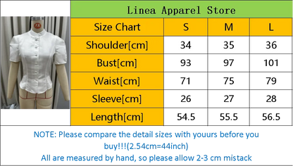 Solid Satin Round Neck Waist Cincher Shirt Slim Short Puffer Sleeved Single Breasted Tops 2026 Spring Women Elegant Blouses