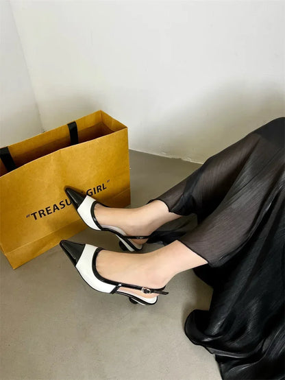Black White Low Heeled Sandals Women Sexy Pointed Toe Slingbacks Chunky low Heels for Women Elegant Heels