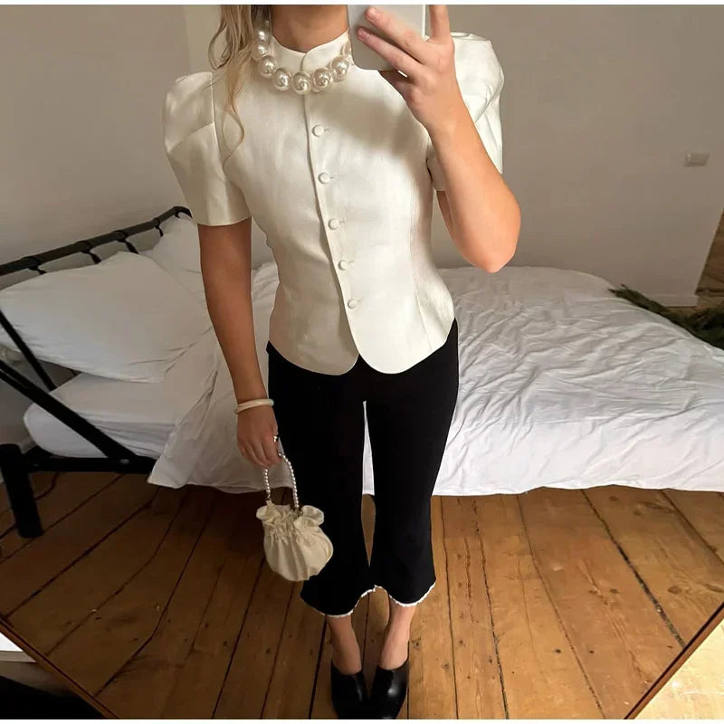 Solid Satin Round Neck Waist Cincher Shirt Slim Short Puffer Sleeved Single Breasted Tops 2026 Spring Women Elegant Blouses