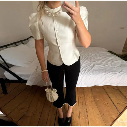 Solid Satin Round Neck Waist Cincher Shirt Slim Short Puffer Sleeved Single Breasted Tops 2026 Spring Women Elegant Blouses