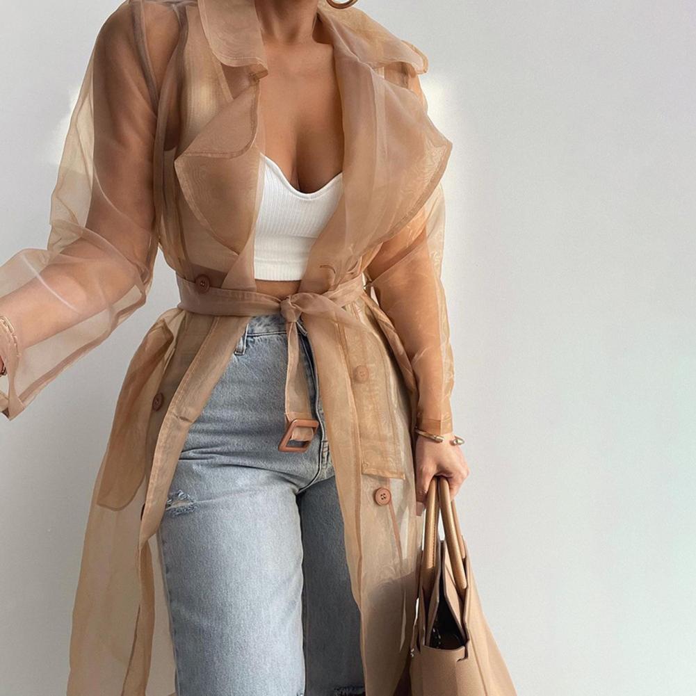 2023 Women Mesh Trench Coat Fashion See Through Jacket Summer Lace-up Sunscreen Shirt Net Yarn Long Shirt Thin Coat With Belt