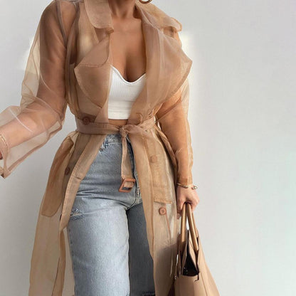 2023 Women Mesh Trench Coat Fashion See Through Jacket Summer Lace-up Sunscreen Shirt Net Yarn Long Shirt Thin Coat With Belt