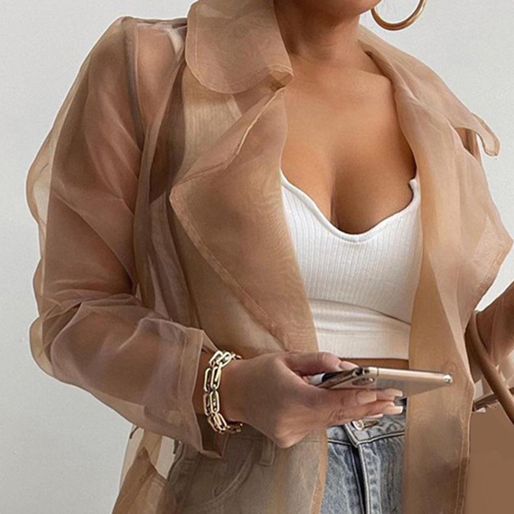 2023 Women Mesh Trench Coat Fashion See Through Jacket Summer Lace-up Sunscreen Shirt Net Yarn Long Shirt Thin Coat With Belt