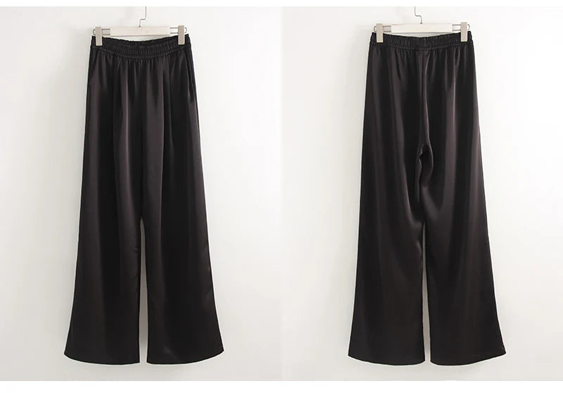 Luxury Wide Leg Baggy Satin High Waist Pants For Women Trousers With Pockets