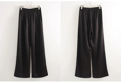 Luxury Wide Leg Baggy Satin High Waist Pants For Women Trousers With Pockets