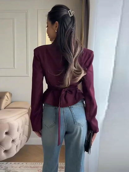 Casual Office Women's Blazer Jacket Pleated Waist Cinched Tie Up Long Sleeve Tops Elegant 2026 Spring Female Outerwear Outfit