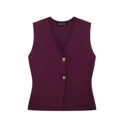 2 Piece Set Chic V-Neck Sleeveless Button Knitted Vest Top + Splicing High Waist Ankle-Length Skirt
