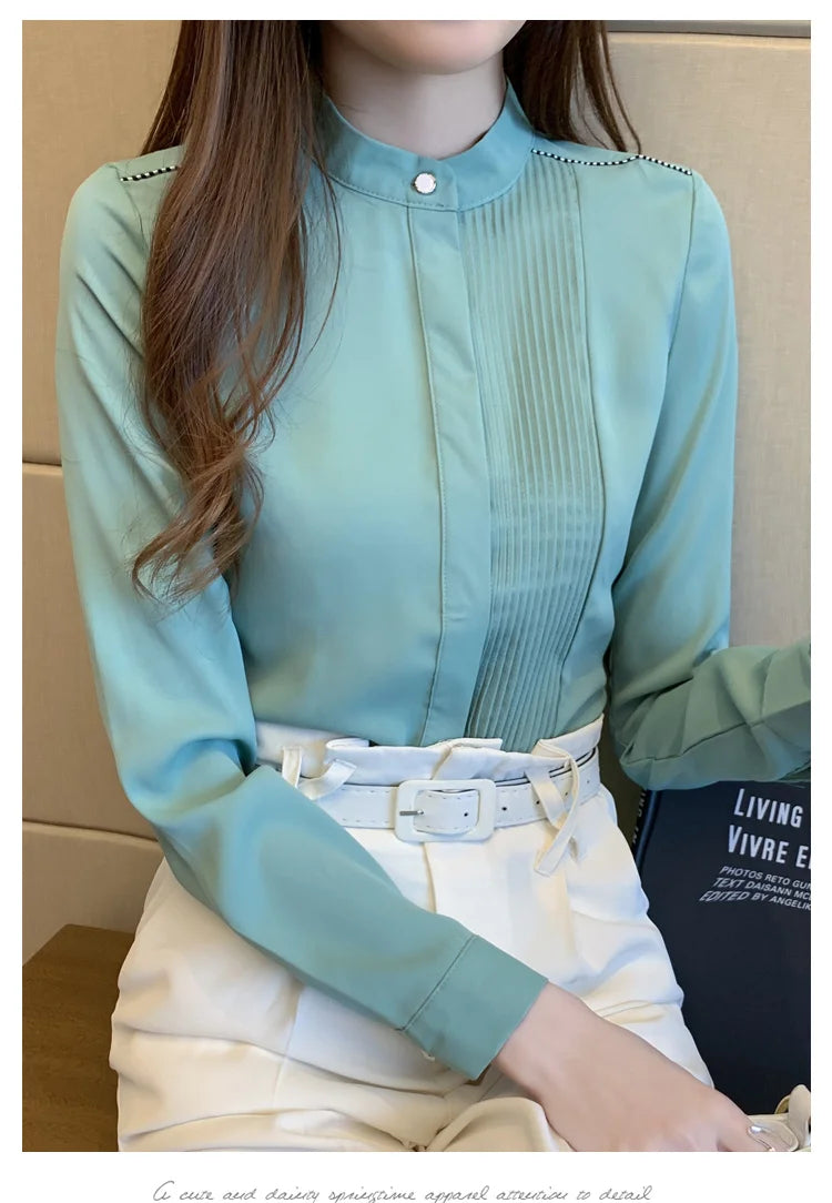 Long Sleeve Chiffon Blouse Shirt Women V-Neck-  Office Lady Blouse