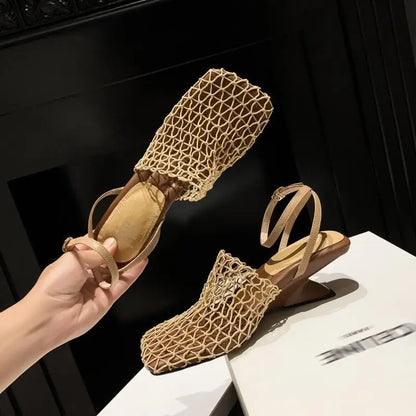Luxury women's lace Mesh Fashion Sandals- Square Toe Shallow Narrow Strap Braided Slip-on High Heels Sandals